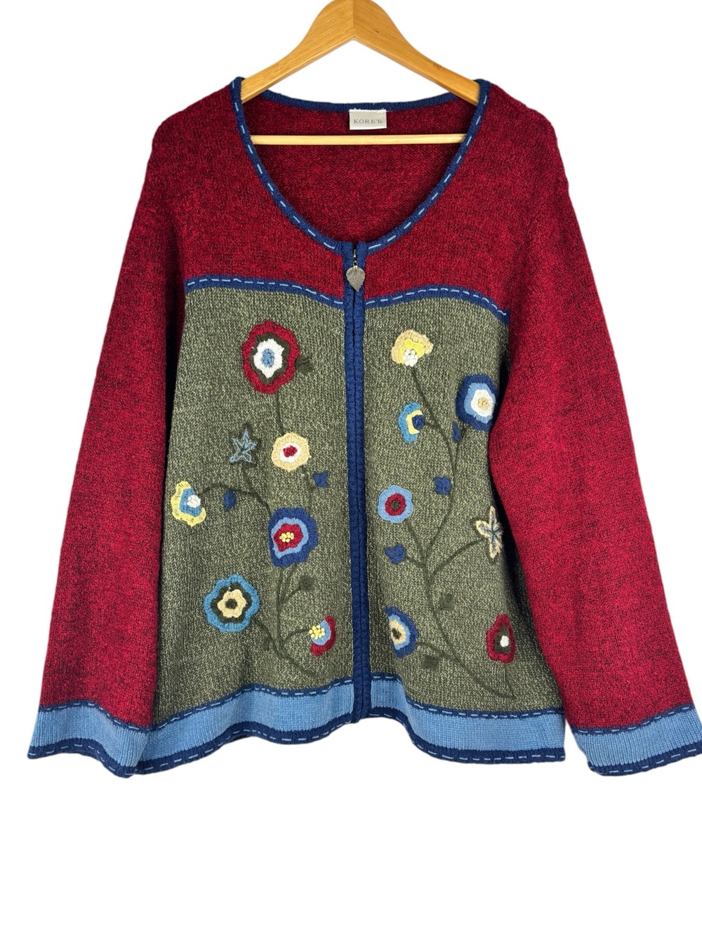 Koret Red & Olive Green Floral Embroider Blue Stitch Wool Blend Zip Cardigan 2X